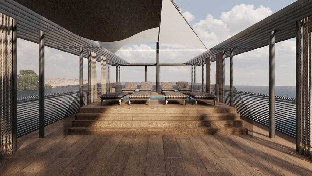 A render of the upper deck of Melouk Dahabiya