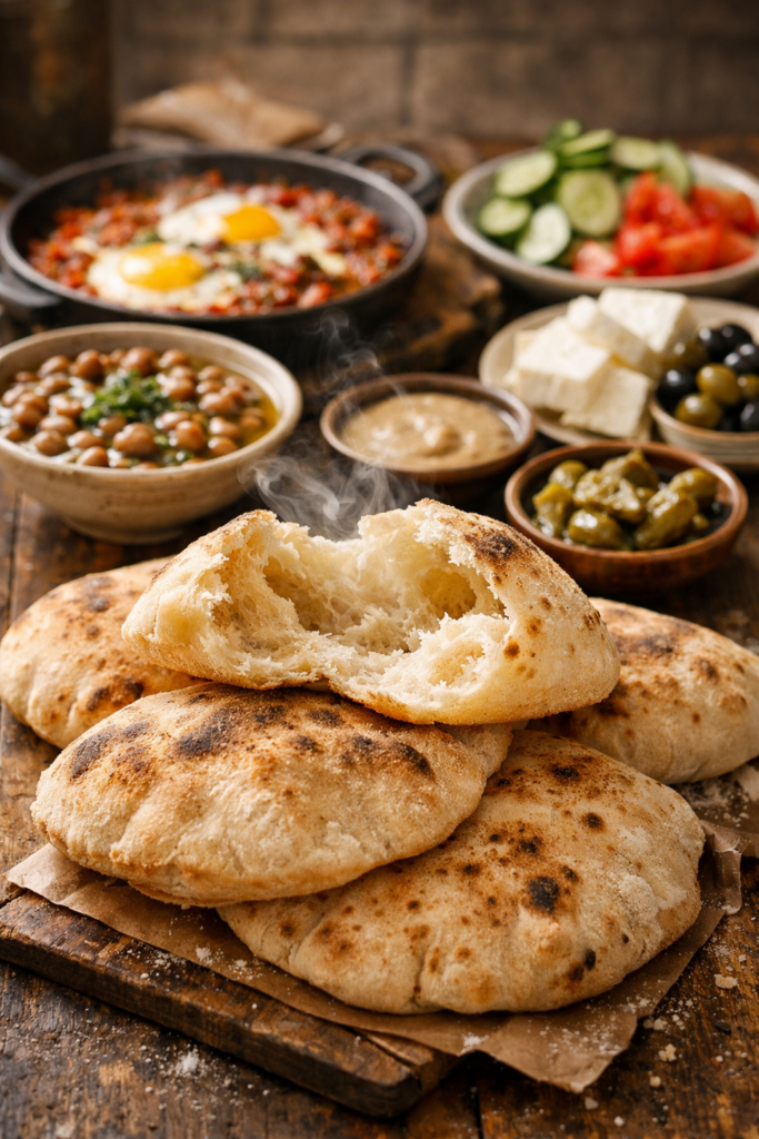 Baladi Bread at the head of an Egyptian breakfast 
