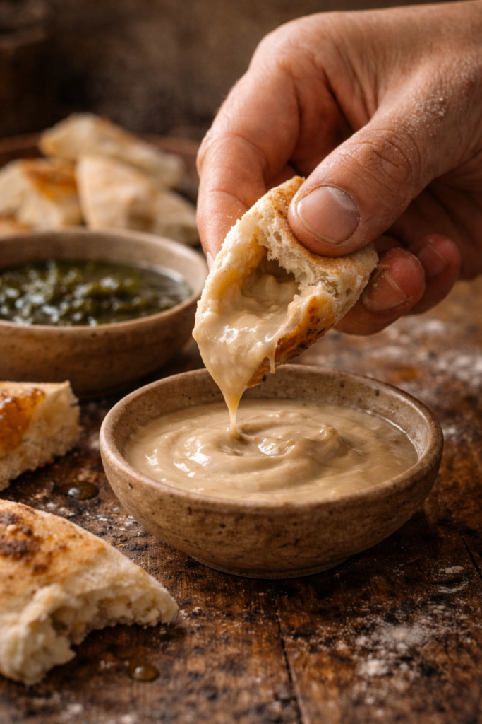 A small pocket Baladi Bread scoping up tahini