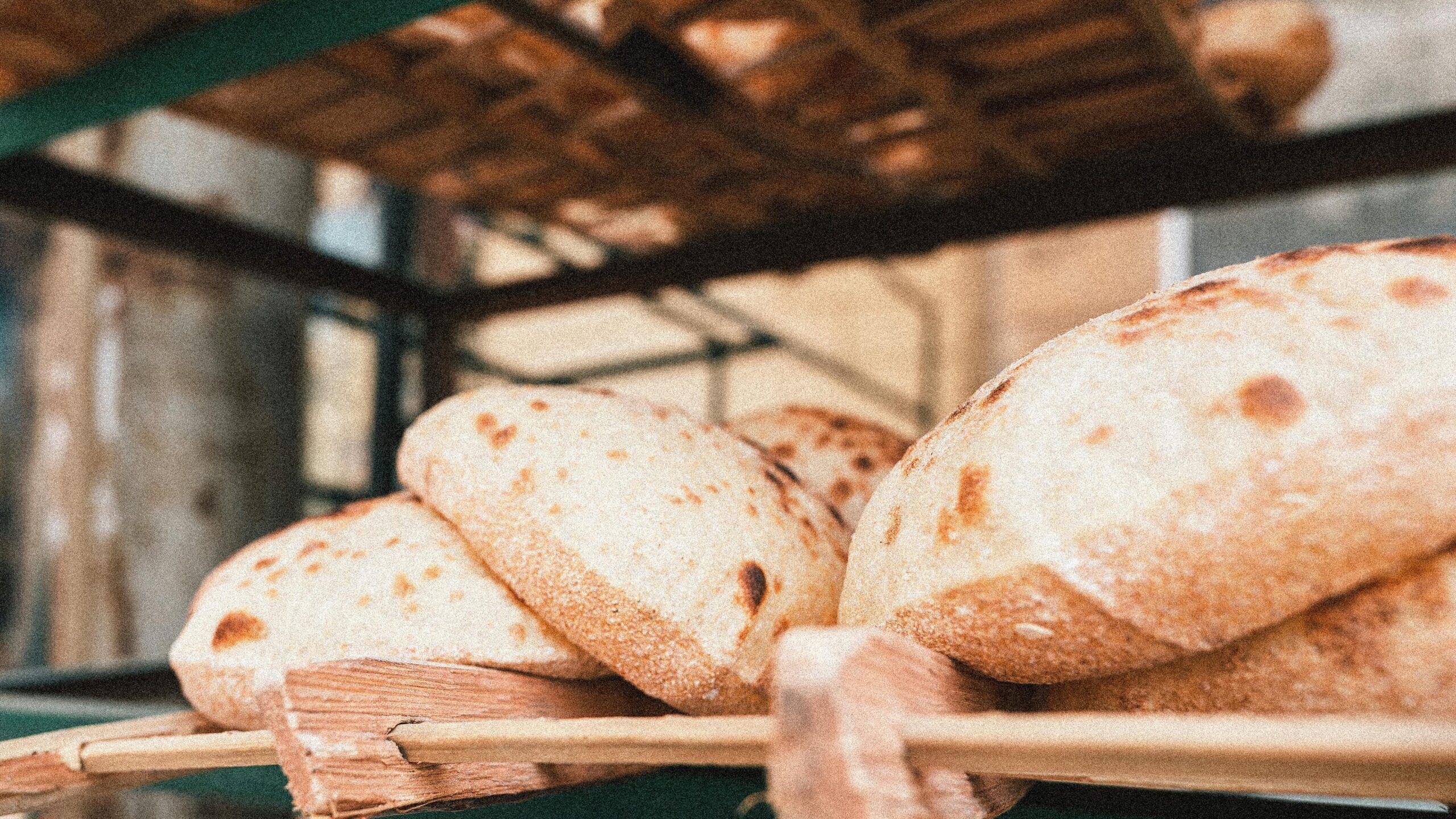 loaves of baladi bread spread out on a wooden net