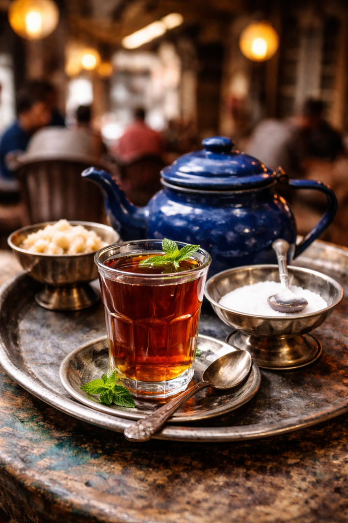 A cup of tea with sugar on the side in a local Egyptian coffee shop
