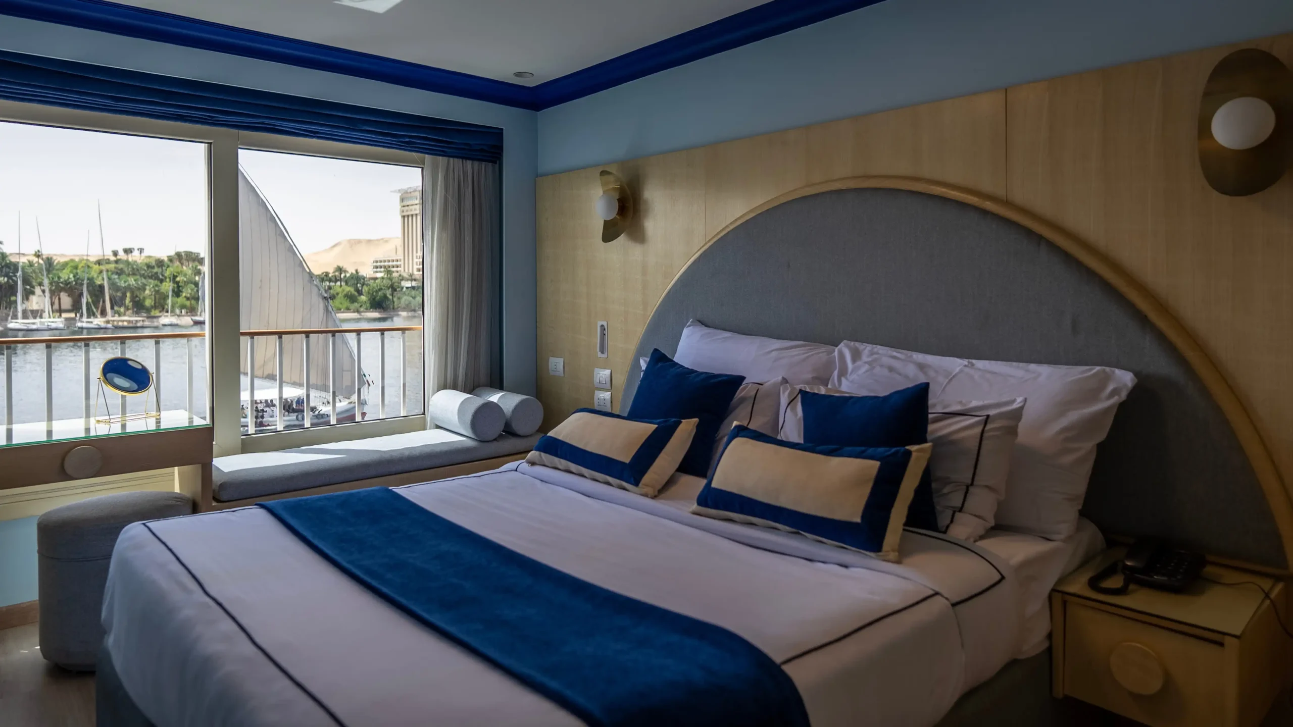 Nile Azur cruise ship cabin with a king-sized bed